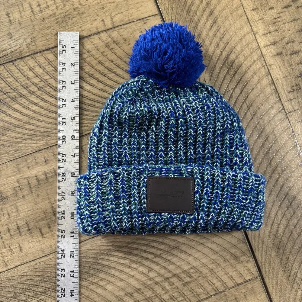 Nucor Steel Pom Beanie Blue Green Knit Cuffed Hat Acrylic